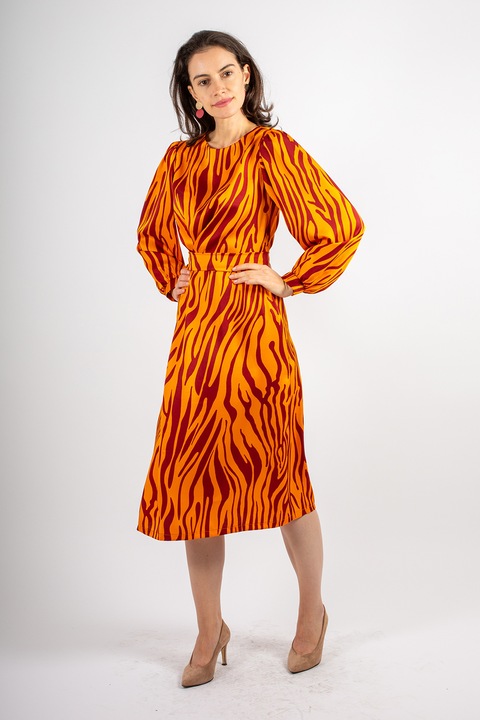 Couture de Marie, Rochie evazata cu maneci bufante Natalia, Visiniu/Portocaliu