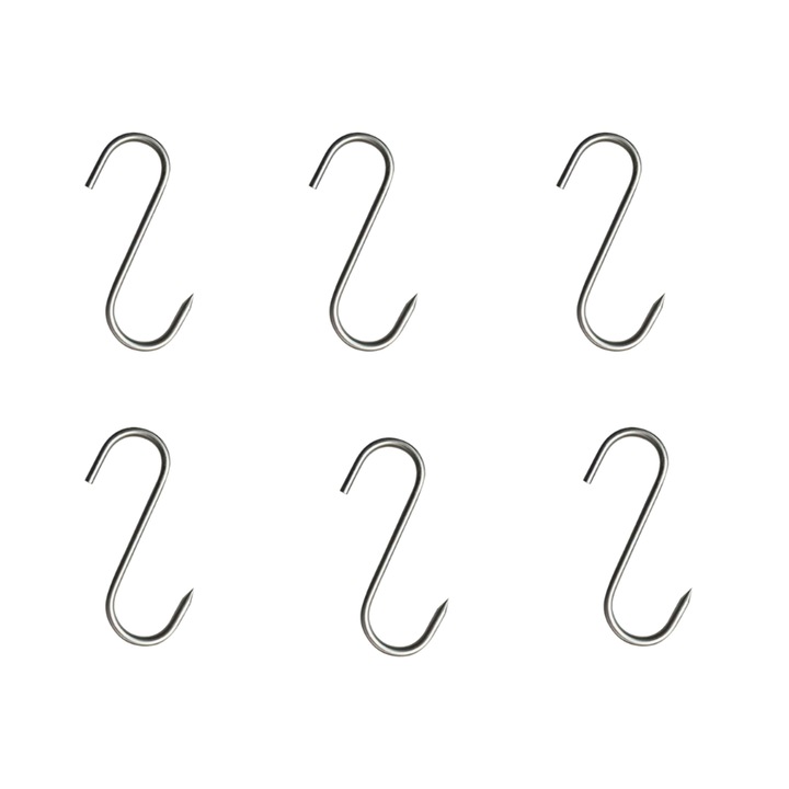 Set 6 carlige din inox pentru macelarie sau afumatoare carne, tip S, 15 cm