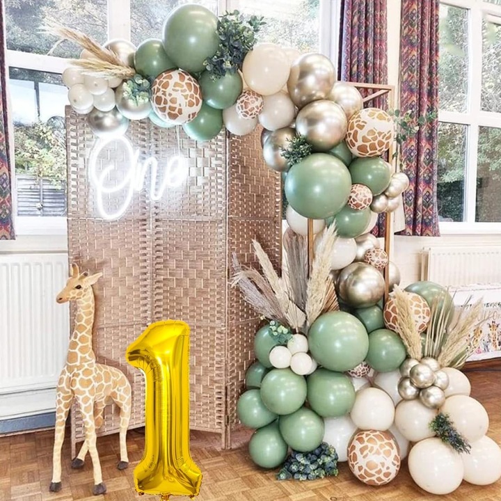 Set 30 Baloane Folie si Latex, Southern Sky, Tematica Prima Aniversare, Baloane Latex 30cm, 25cm, Figurina Girafa 32x34 cm, Frunza Palmier 15 cm, Cifra 1 76 cm, Multicolor