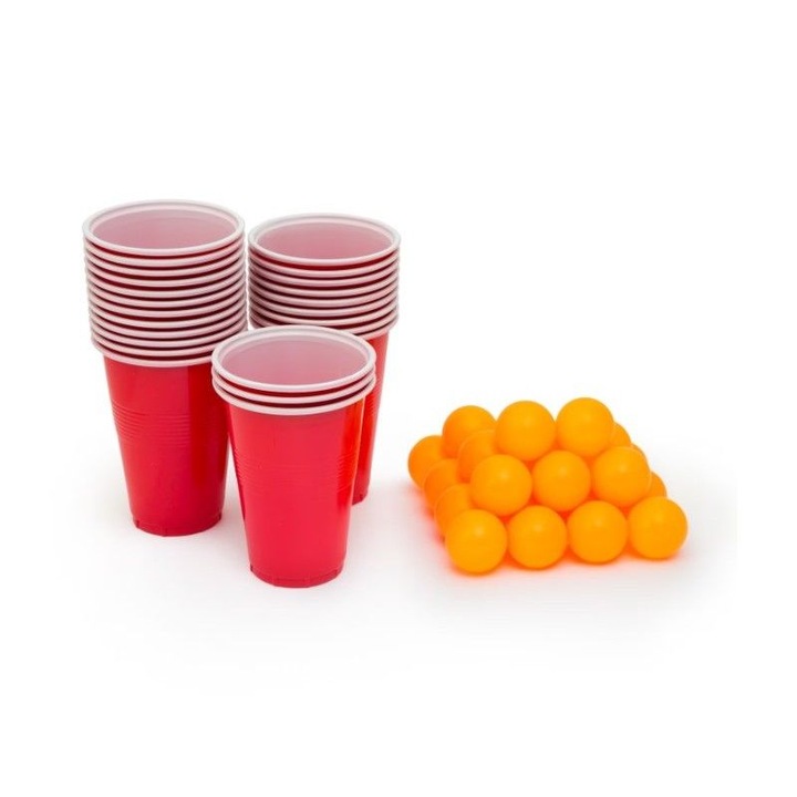 Set Joc de Baut Beer Pong eMazing, 24 Mingi si 24 Pahare, Material Plastic Reutilizabil, Usor de Transportat, Culoare Rosie