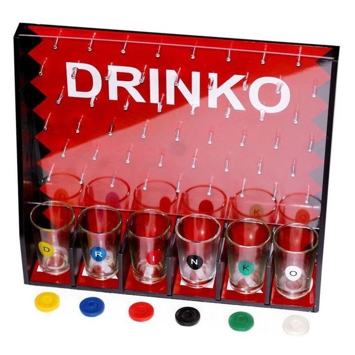 Joc pentru adulti Drinko, eMazing, potrivit pentru petreceri, interactiv si destinat pana la 6 jucatori. Include pahare de shot si are dimensiunile 25.5 x 6.7 x 27.5 cm, culoarea rosie