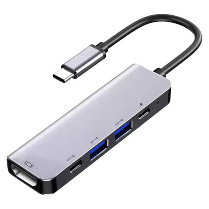 Adaptor 5w1 HUB USB-C Spreest, 2x USB-A, 2x USB-C, HDMI 4K, gri