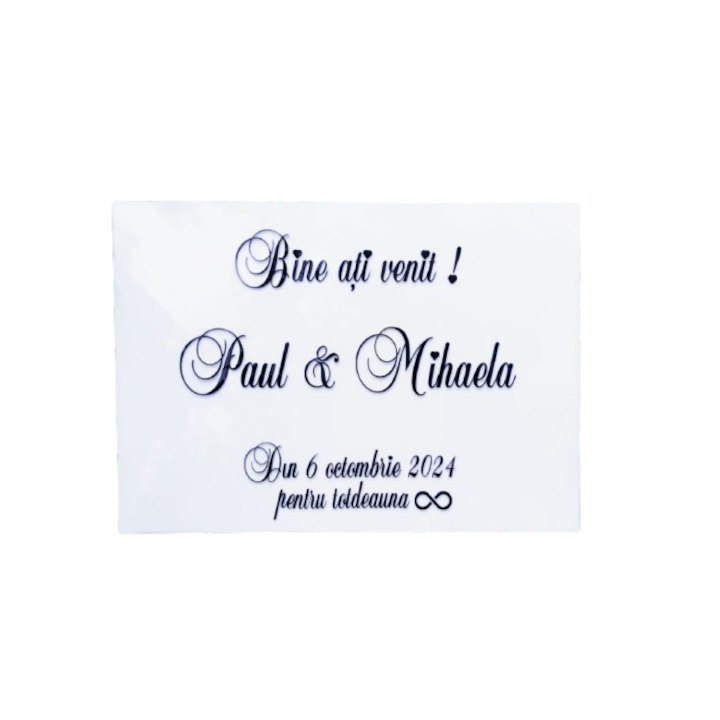 Panou de intampinare nunta sau botez, 70x50 cm, pentru salon sau acasa, din plexiglas alb si negru, cu scris 3D