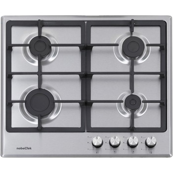 Plita incorporabila Nobeltek NHBG-6400IXF, Gaz, 4 arzatoare, Aprindere buton, Gratar fonta, Siguranta arzatoare, 60 cm, Inox