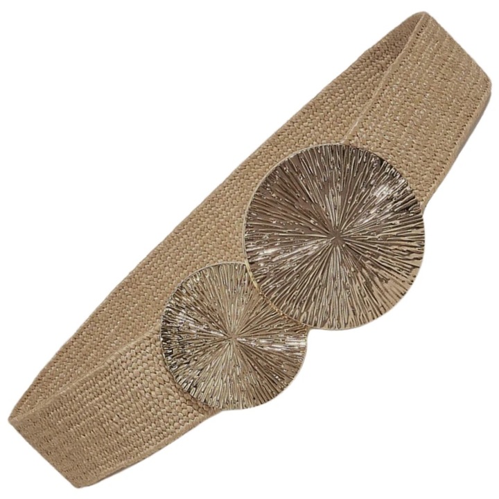 Curea Dama Edibazzar, Material Tip Paie (Impletita), Catarama Dubla Metalica Aurie, Culoare Bej - Dimensiuni 5 cm (Latime) x 80 cm (Lungime), Accesoriu Fashion, Stil Boho/Vara