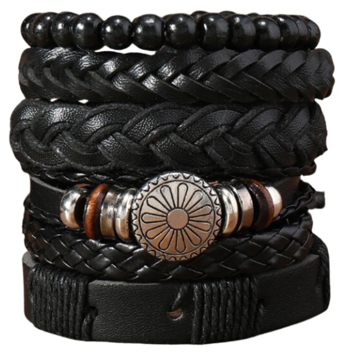 Set de 6 bratari barbati din piele cu margele si decor metalic, negru, 6,8cm