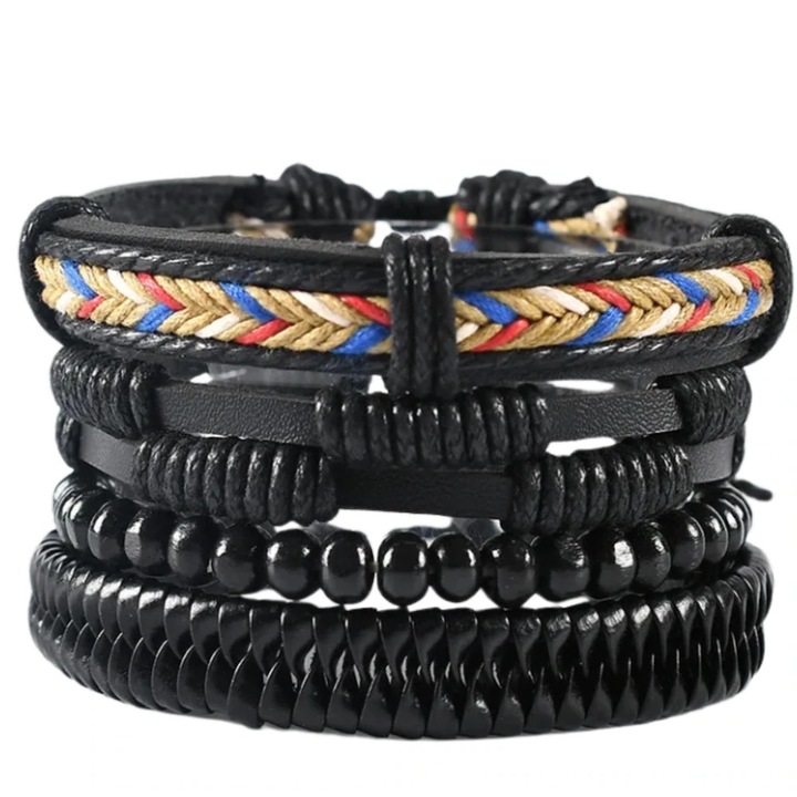 Set 4 bratari barbati din piele ecologica cu margele, multicolor, 24cm