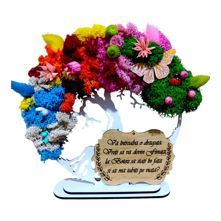 Tablou copacul vietii personalizat cu mesaj standard pentru nasi de botez, " Va intreaba o draguta...", cadou decorat cu licheni stabilizati, dimensiune 20 cm, model 2, 4 anotimpuri, Alb