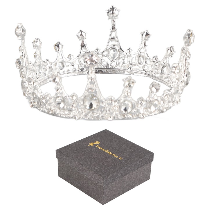 Tiara cu strasuri, AMRINUGL, Aliaj, 14 x 11.4 x 5 cm, Argintiu