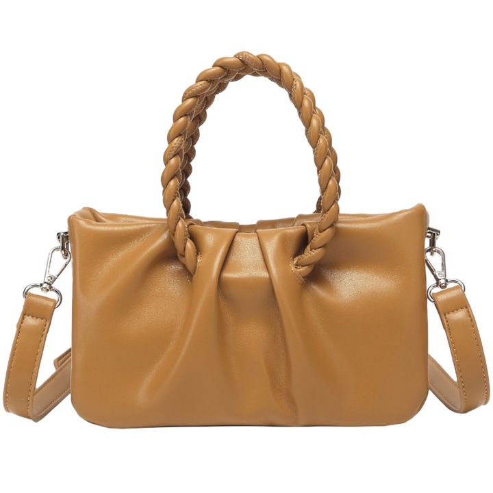 Дамска чанта, PU кожа, устойчива на пръски, плетени дръжки и подвижна каишка, кафяв, Miss Lulu LB2368BN