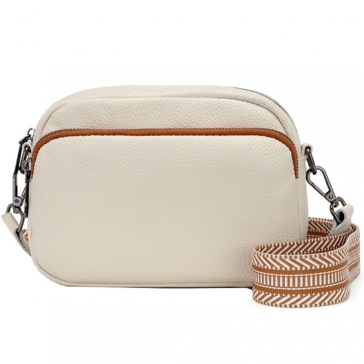 Дамска чанта за рамо от естествена кожа с жакардова каишка Miss Lulu LH2418BGBN, Бежов