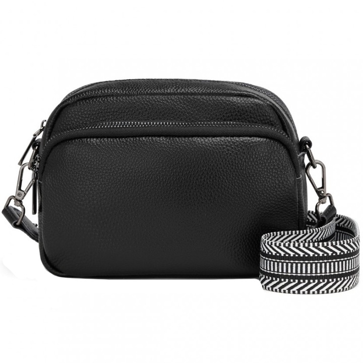 Дамска чанта за през рамо от естествена кожа с жакардова каишка Miss Lulu LH2418BK, Черна