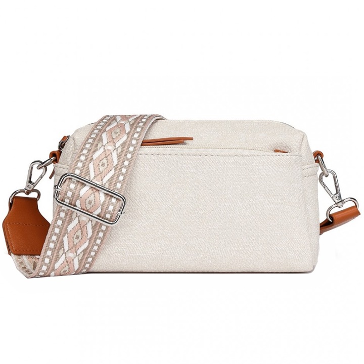 Дамска чанта за през рамо, от PU кожа с жакардова каишка, Miss Lulu LH2410BG, Бежов