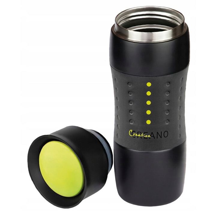 Cana termica, CRENO, Inaltime 21,8 cm, Diametru 7,8 cm, Capacitate 420 ml, Maner anti-alunecare, Plastic/Otel inoxidabil, Negru/Verde