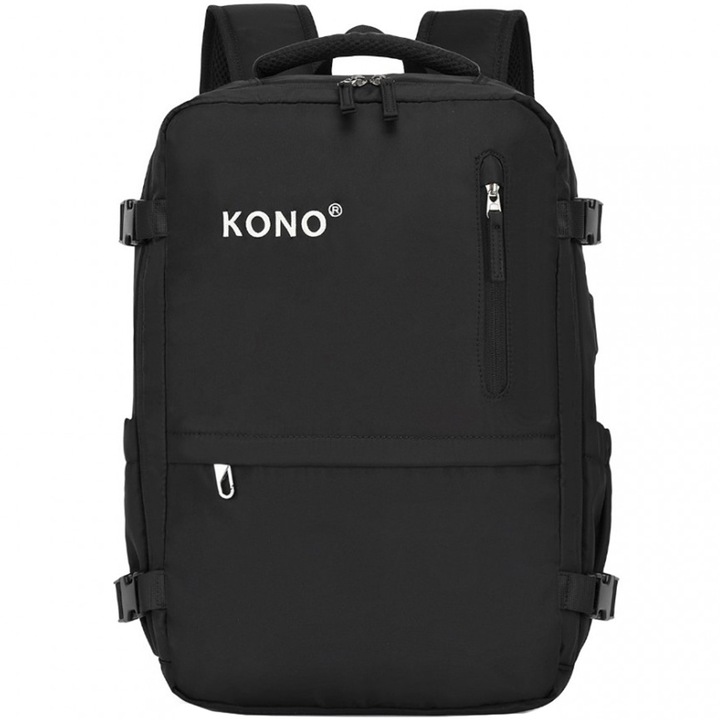Rucsac unisex casual pentru calatorii cu borseta detasabila, din poliester este rezistent la stropi, cu port USB & TYPE-C, se fixeaza de valiza, KONO EQ2406BK Negru
