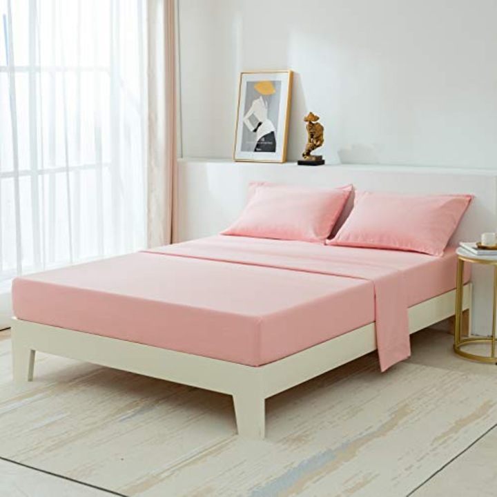 Cearceaf de pat din bumbac ranforce, cu buzunare laterale Storage Pockets Smart, pentru depozitare telefon sau telecomanda tv, 260 x 260, roz deschis