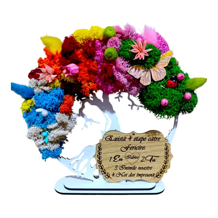 Tablou copacul vietii personalizat cu mesaj standard pentru sotie, iubita, prietena, cadou decorat cu licheni stabilizati, dimensiune 20 cm, model 2, 4 anotimpuri, Alb