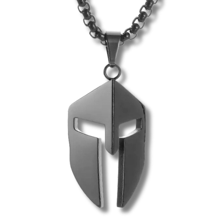 Colier barbatesc, Pandativ barbati, Bijuterii barbati, Cadou pentru el, Cadou barbati, Colier otel inoxidabil, Hipoalergenic, Casca spartana, Negru, 60cm