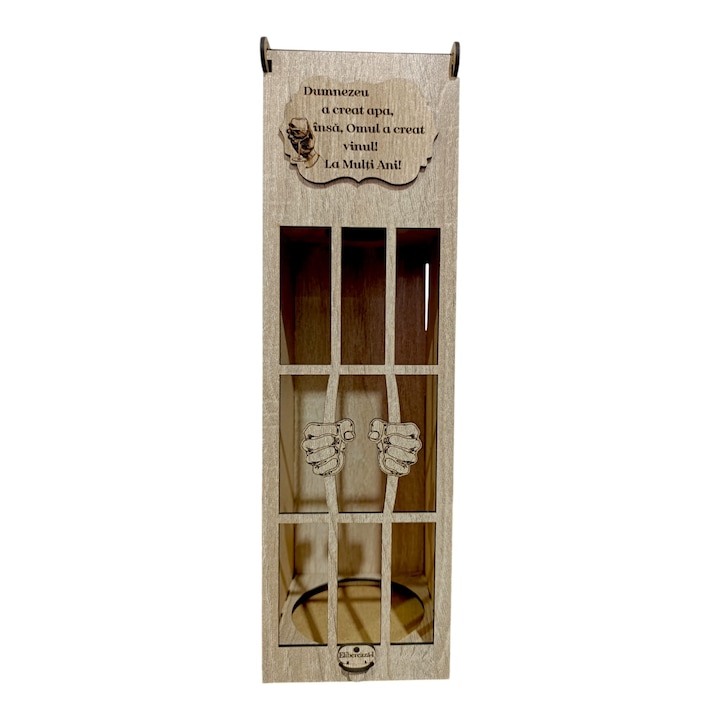 Cutie de whiskey personalizata cu mesaj standard, cadou personalizat pentru prieteni, familie, nasi, fini, model inchisoare, dimensiune 35x10cm, maro