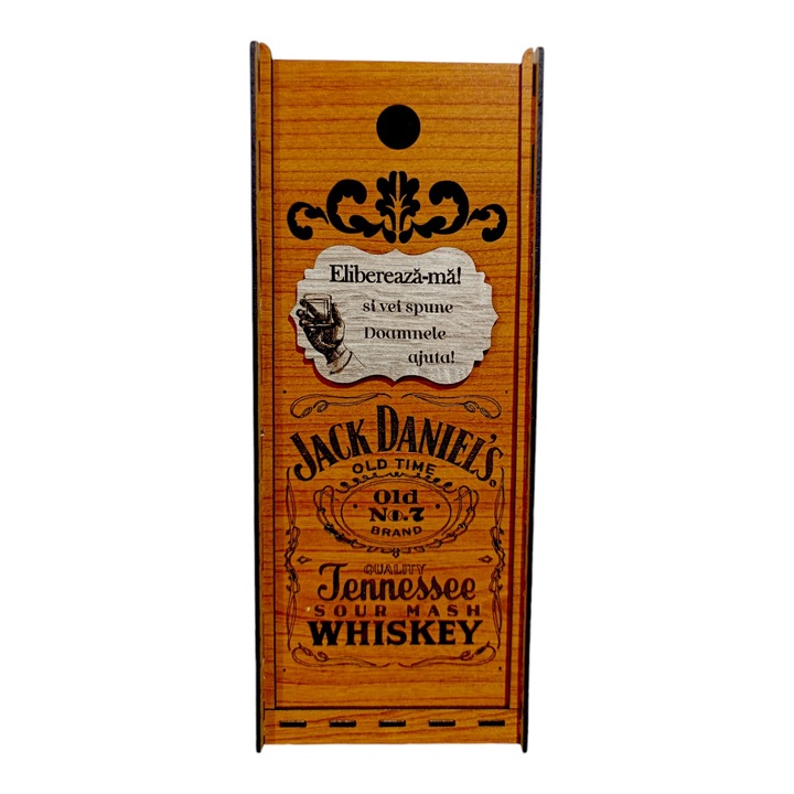 Cutie de whiskey personalizata cu mesaj standard, cadou personalizat pentru prieteni, familie, nasi, fini, model 3 Jack Daniels, dimensiune 35x10cm, maro