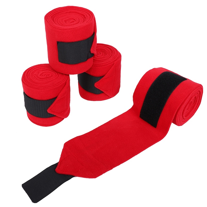 Set 4 bandaje pentru picioare de cal, Mmgoqqt, fleece, 11 x 300 cm, rosu/negru