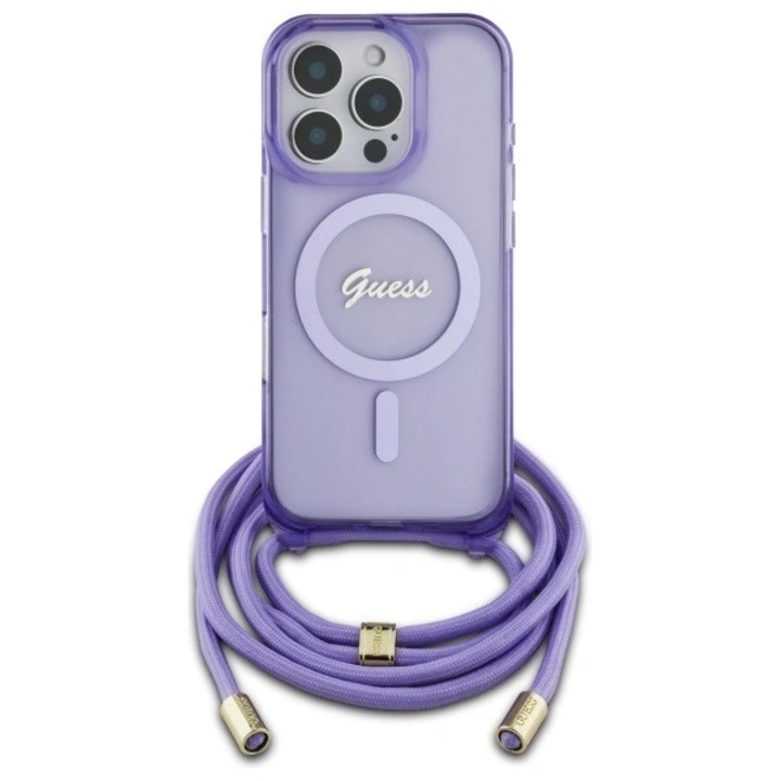 Husa pentru telefon Guess Crossbody Cord Script MagSafe, violet, iPhone 16 Pro, material PC/TPU/Nylon