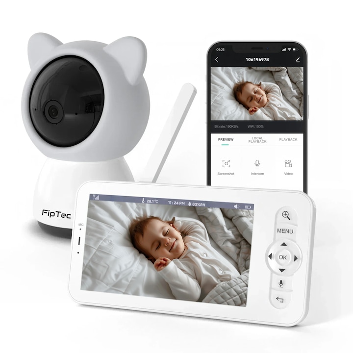 Смарт Бебефон WiFi 2 в 1, 5” Дисплей, Връзка с Телефон, Двупосочно Аудио, Известия за плач и движение, Мониторинг на Температура и Влажност, Приспивни Песни, ECO Режим, Бял/Сив