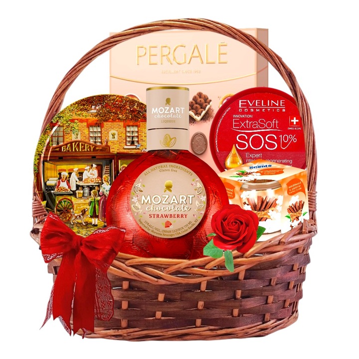 Cos Cadou Premium pentru Femei by CADOURI RAFINATE ®, cu Lichior Mozart, Praline Fine, Fursecuri Daneze, Crema Hidratanta, Lumanare Parfumata si Trandafir, Ambalaj Festiv ideal pentru 8 Martie, Aniversare, Craciun, Special Gift Basket