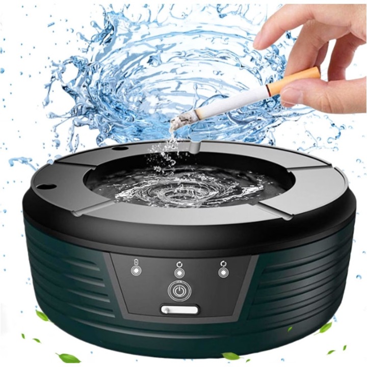 Многофункционален електрически пепелник за домакинска употреба с автоматично измиване, Excitat®, елиминира цигарената пепел, памучен филтър, капацитет 4 цигари, USB зареждане, 1200mAH батерия, два режима на работа, 175 x 75 mm, тъмно зелен