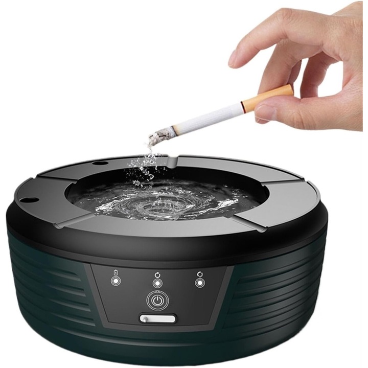 Többfunkciós elektromos hamutartó háztartási használatra automata mosással, Excitat®, cigarettahamu kiküszöbölése, pamutszűrő, 4 cigaretta kapacitása, USB töltés, 1200mAH akkumulátor, két üzemmód, 175 x 75 mm, Sötétzöld