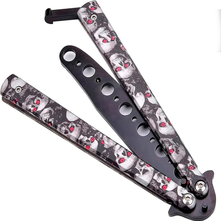 Нож пеперуда, дизайн череп, 22,5 см, неръждаема стомана, многоцветен, комплект с 1 ножче