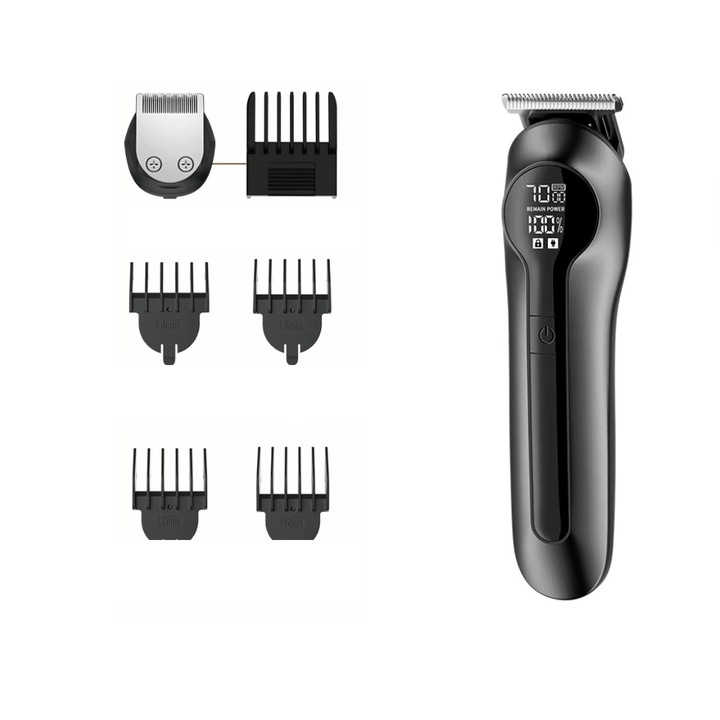 Aparat multifunctional de tuns si styling 6 in 1 – Trimmer barba, corp, nas, gravuri si ras, cu lama R rotunjita si afisaj digital