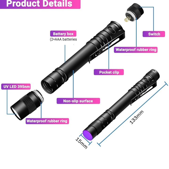 Set 2 lanterna UV, SINBINTA, 395nm, Cu 4 baterii AAA, Impermeabil, Usor de utilizat, Aliaj de aluminiu, 133x15mm, Negru Glossy