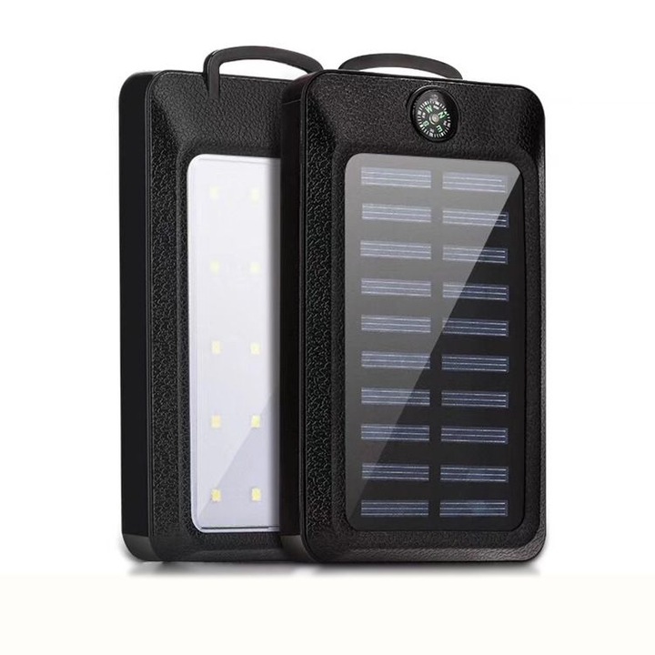 Solar Power Bank, 16800 mAh, Gyorstöltés, LED-Es Zseblámpával, Iránytűvel, Micro USB és USB Beépített, Töltésjelzővel, Univerzális Kompatibilitás, Fekete Mahagóni, Madette Line