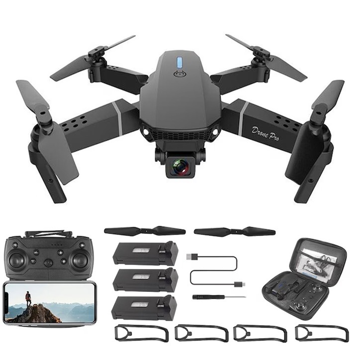 Дрон 1Tech E88-RC UFO3, Сгъваем, 2 камери, 3 батерии, WIFI, FPV, Черен