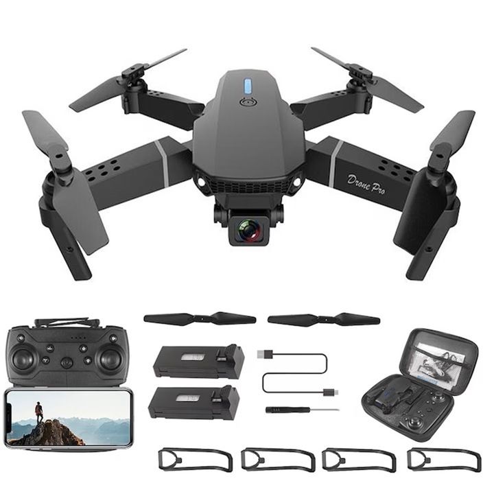 Дрон 1Tech E88-RC UFO2, Сгъваем, 2 камери, 2 батерии, WIFI, FPV, Черен