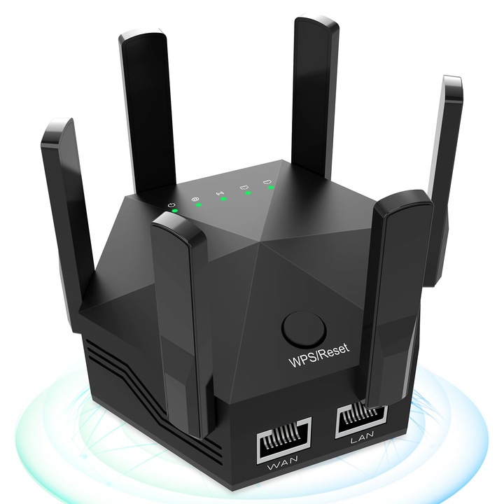 WiFi Extender, WiFi Extender Signal Amplifier, 1200Mbps, 6 антени, покритие до 10000 sq.ft, WALALLA, черен