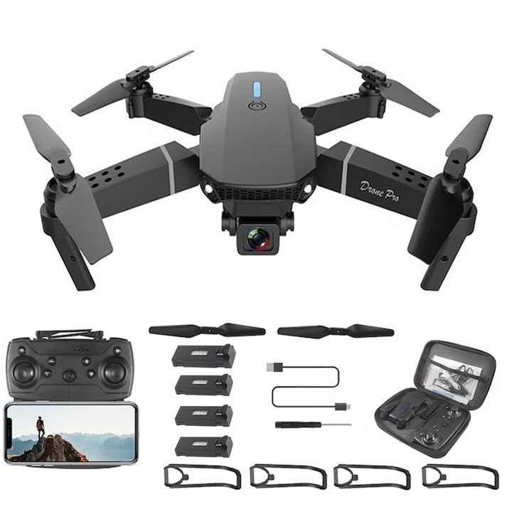 Дрон 1Tech E88-RC UFO4, Сгъваем, 2 камери, 4 батерии, WIFI, FPV, Черен