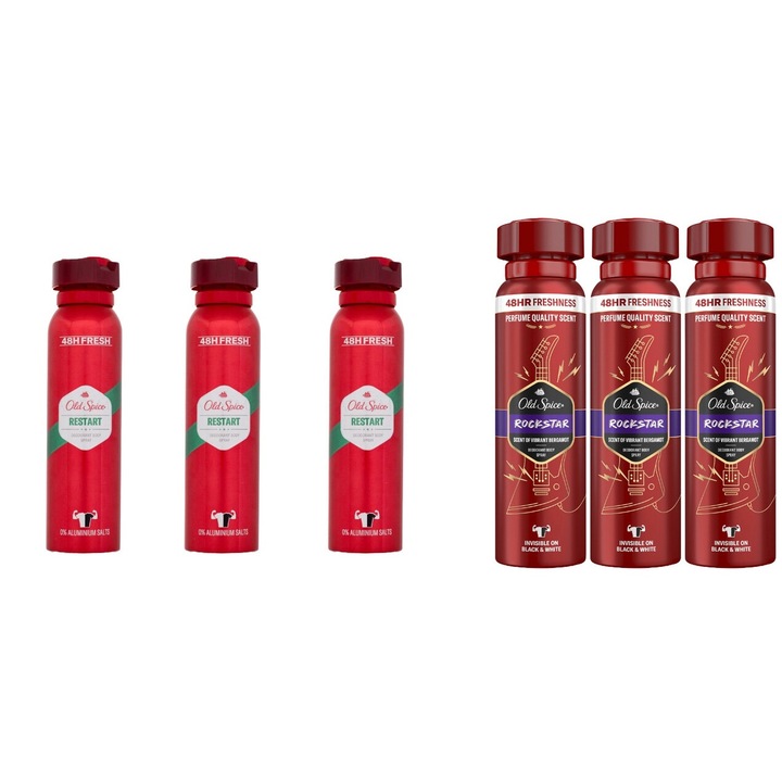 Szett 6 x Old Spice variációk csomag, 3 x Dezodor 150 ml Men Restart, 3 x Dezodor 150 ml Rockstar, Mindennapi frissesség, Intenzív friss illat, Folt mentes, élénkítő, hosszan tartó frissesség, 48 órás védelem