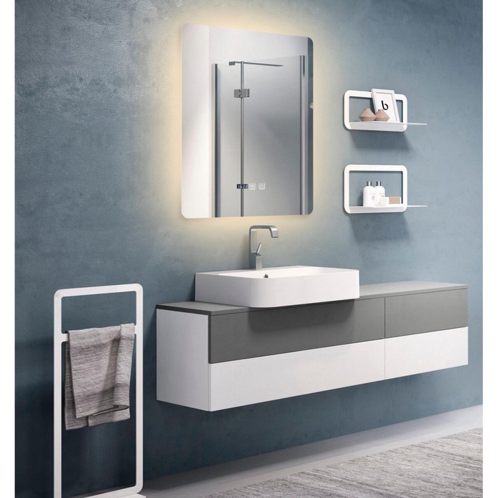 Oglinda Baie LED si Dezaburire Elit's Premium cu Senzor Touch, Lumina Rece, Calda si Neutra, 60x80cm, lumina ambientala spate