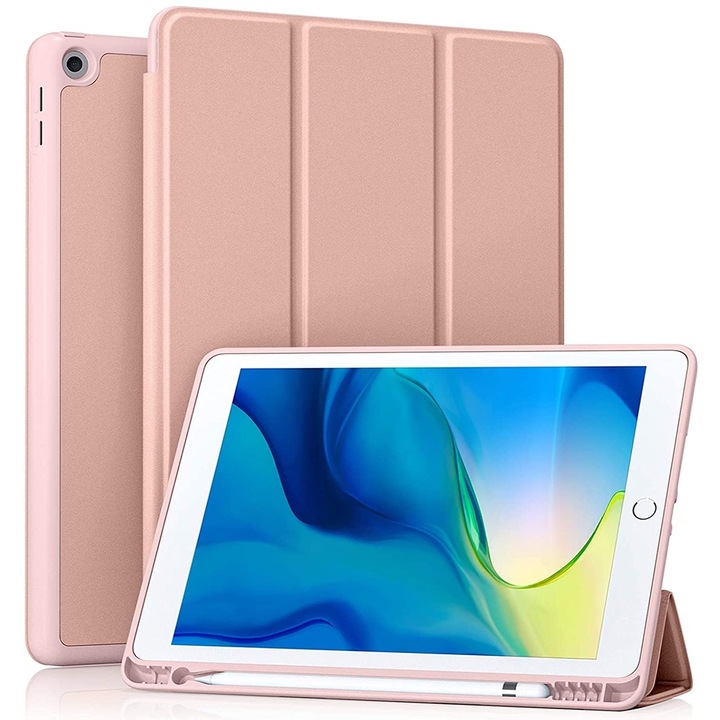 Husa tableta XGSM pentru iPad 10.2" 2019/2020/2021, cu loc pentru stylus, roz, din piele ecologica