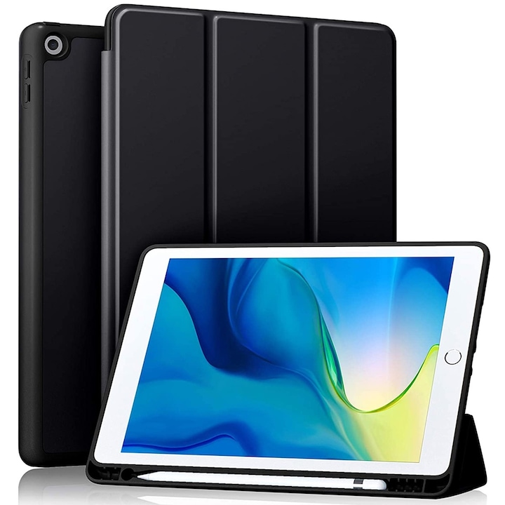 Husa tableta XGSM pentru iPad 10.2" 2019/2020/2021, cu loc pentru rysik, neagra, din piele ecologica si silicon