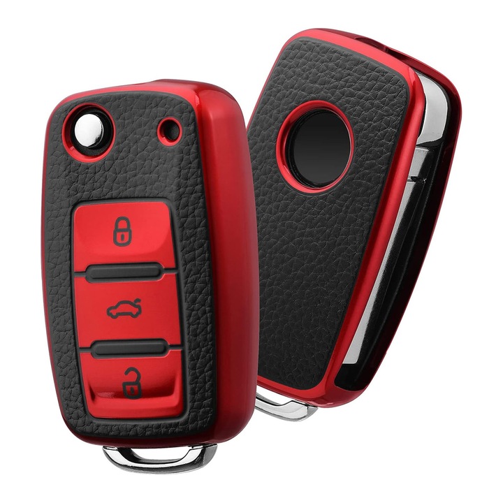 Husa Cheie Auto, Protectie Completa, 3 Butoane, silicon, pentru cheie Volkswagen serie, YQLAFT, Rosu si Negru