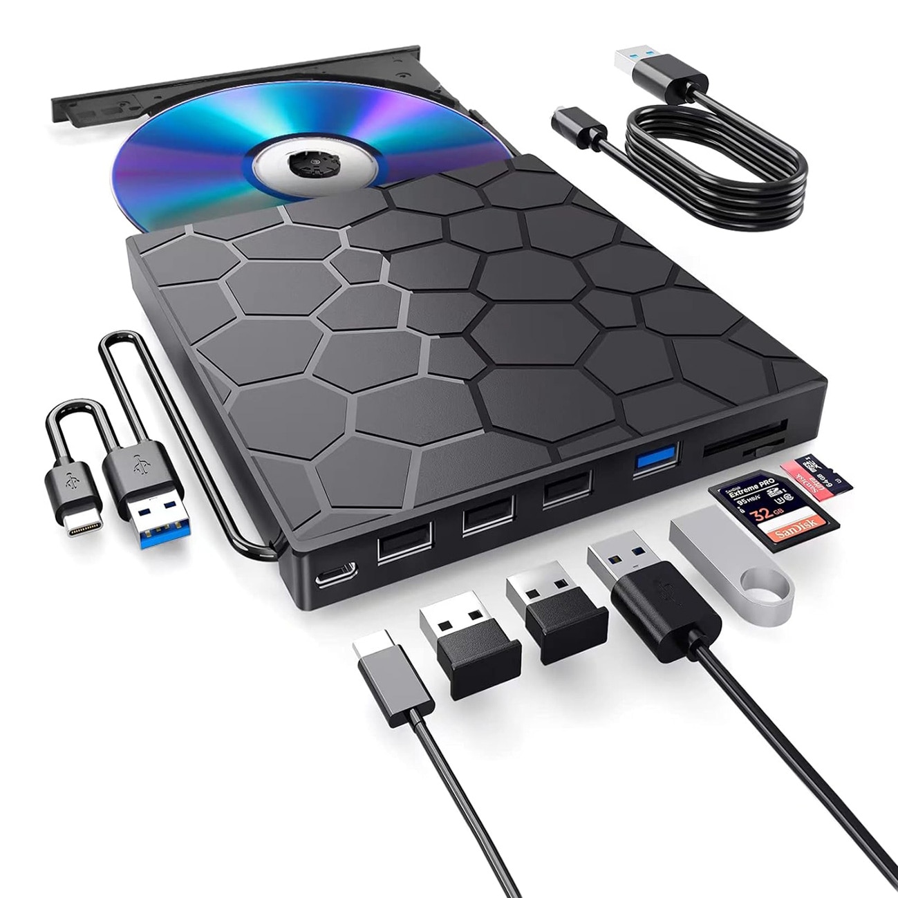 DVD записващо устройство, 8 в 1, Тънко преносимо външно, USB 3.0