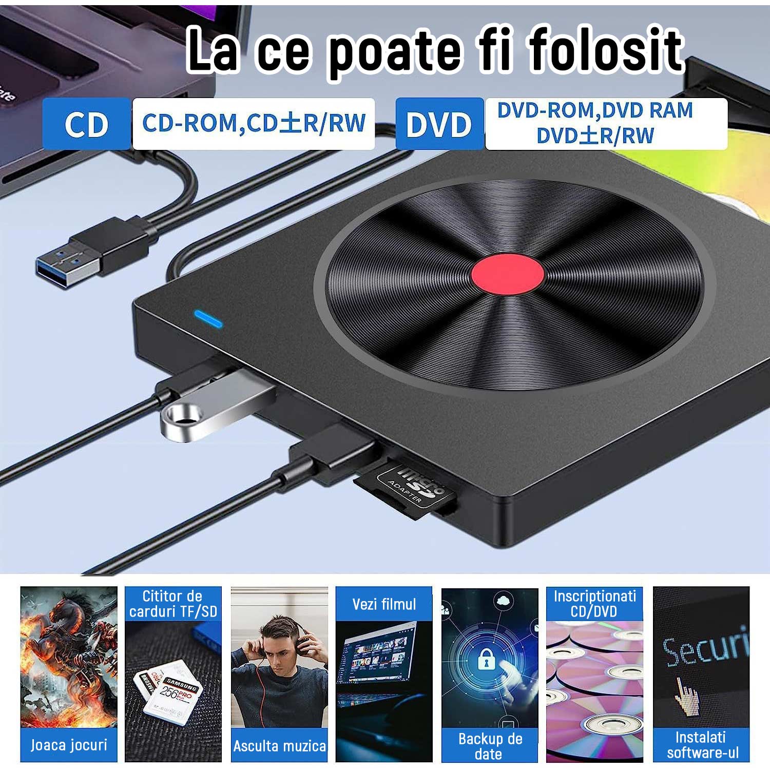 DVD записващо устройство, 8 в 1, Тънко преносимо външно, USB 3.0