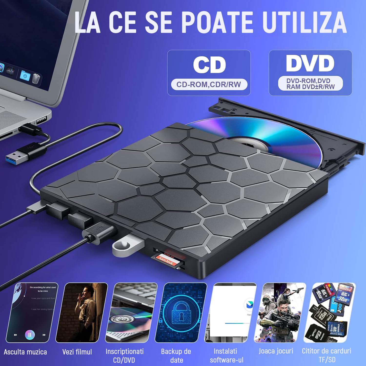 DVD записващо устройство, 8 в 1, Тънко преносимо външно, USB 3.0
