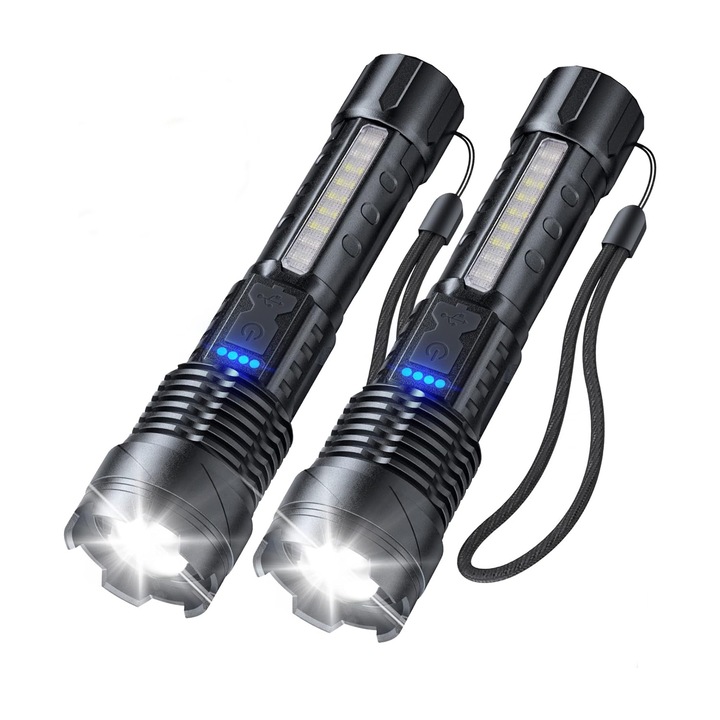 Мощен фенер, 2 бр., алуминий, 1000 лумена, осветление, лесен за носене, за дома, къмпинг, туризъм, на открито, OUYLAF, черен