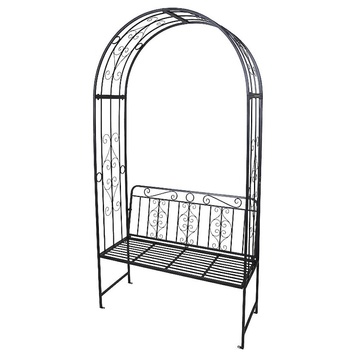 Градинска арка с пейка, Progarden, Метал, 121x53x230 см, Черна