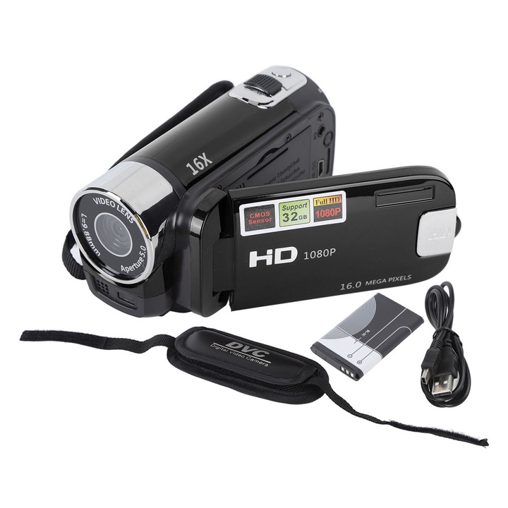Видеокамера Mmgoqqt, 1080P, 16MP, 2.7in въртящ се екран, 16x цифрово увеличение
