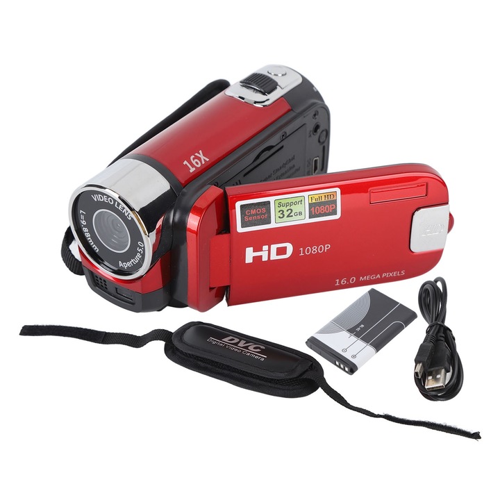 Видеокамера Mmgoqqt 1080P, 16MP, 2.7in въртящ се екран, 16x цифрово увеличение